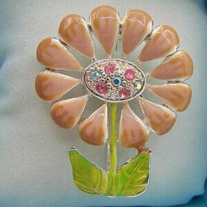 Enamel Flower Pin Brooch Rhinestones w/ Box Hat Lapel Pin Peach Green Pinks NWT